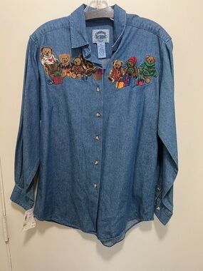 Cambridge Dry Goods Denim Button-Up Blouse with Embroidered Holiday Bears
